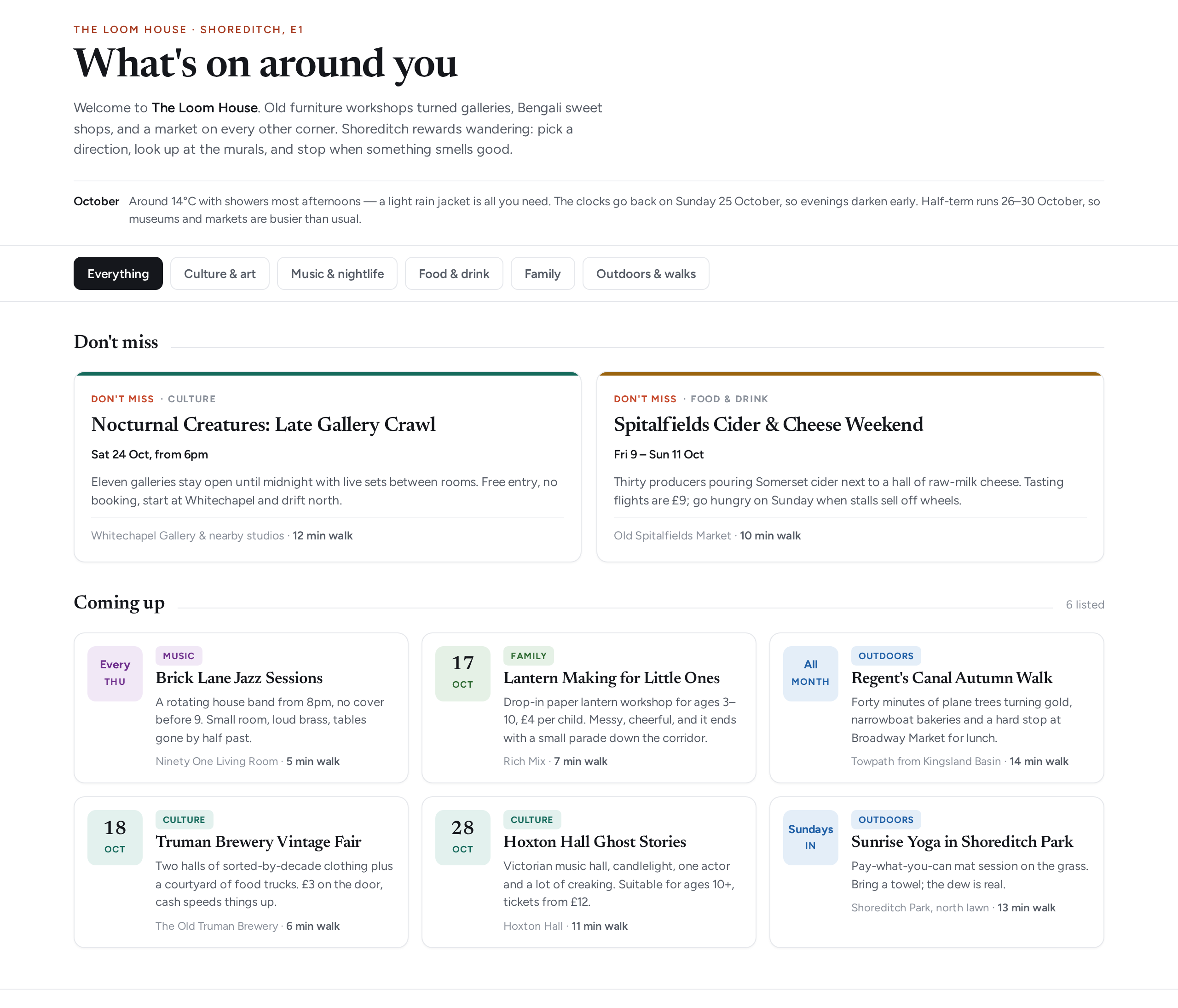 A live Roundabout guest guide for a flat in Shoreditch, showing this month's picks and the events list